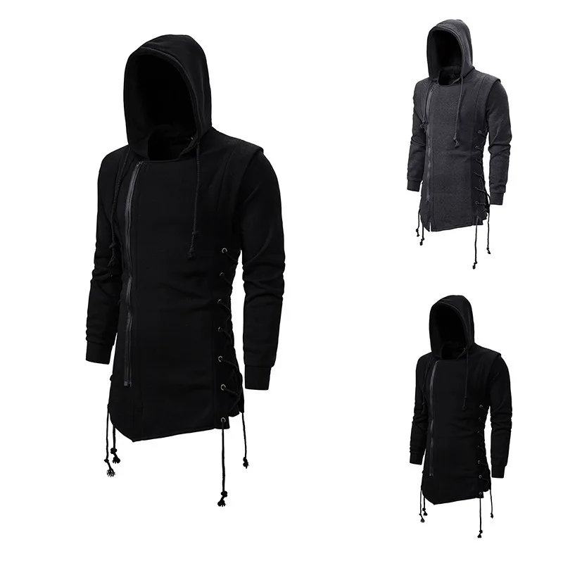 

Assassin Creed Sweatercoat Dark Tie Hooded Loose Coat Zipper Hoodie with Side Lashing Crossed Black Dark Grey Hoodies Men