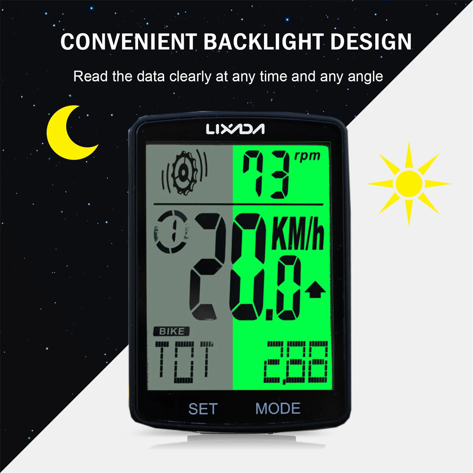 Multi Function Bicycle Computer Waterproof Cycling Odometer Bike Speedometer with LCD Green Backlight 