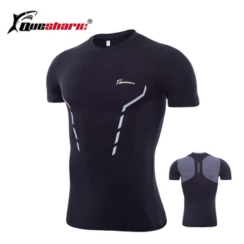 

QUESHARK Summer Men V-neck Training Shirt Relective Running Tight Tops Quick Dry Fitness Short Sleeve Shirts 3XL size