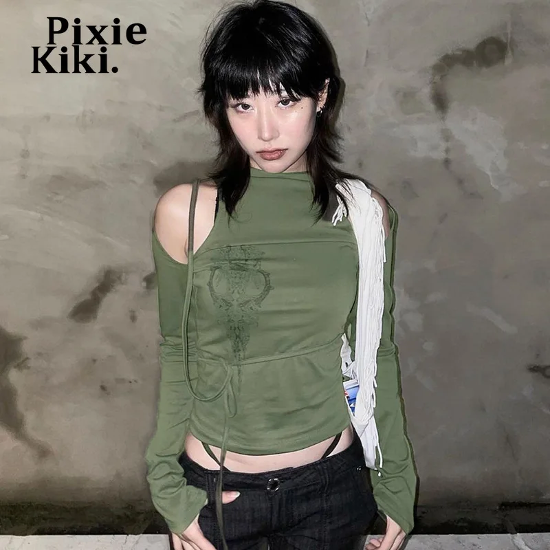 PixieKiki Y2k Aesthetic Cutout Long Sleeve Top Sexy Fashion Cold Shoulder Lace Up Graphic T Shirts Harajuku Streetwear P85-BD18 1