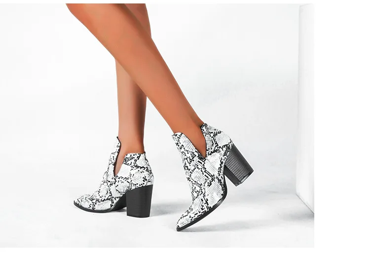 Г., ковбойские ботинки в байкерском стиле женские ковбойские ботинки из искусственной кожи на высоком каблуке, с рисунком змеи, без шнуровки ботильоны
