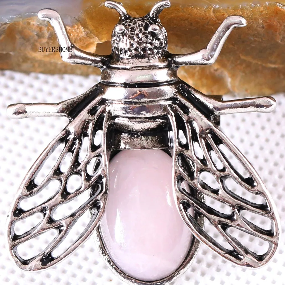 1Pcs Silver Cicada Brooch Natural Stone Pendant Howlite Rhodonite Carnelian Onyx Bead for Men Women DIY Jewelry Making