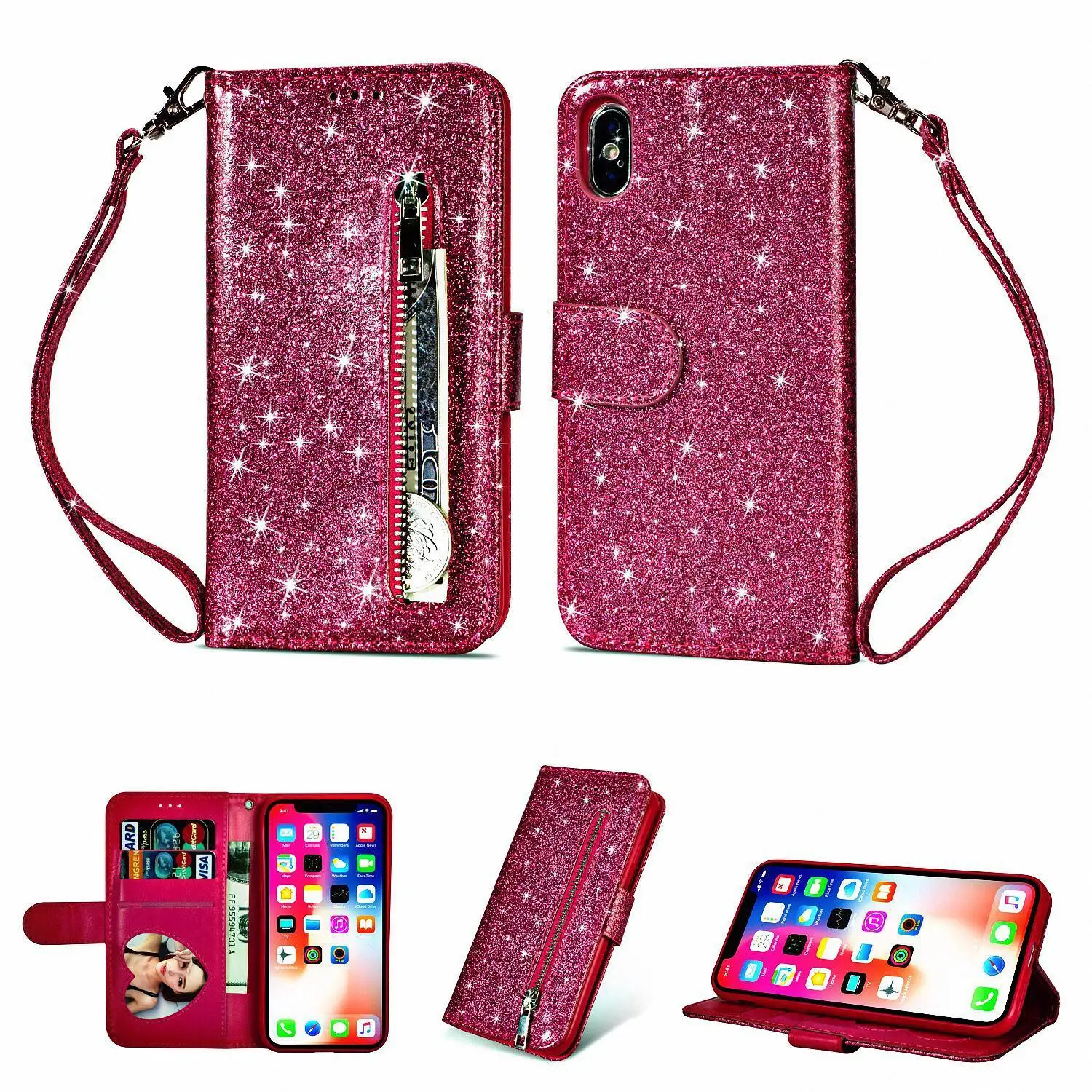 Rose Red Блестящий чехол для iPhone 11 Pro Max 6 6s 7 8 Plus кожаный чехол-портмоне на магнитной застежке из блестящей кожи, на платформе, чехол для телефона для iPhone XR XS Max X Чехол Capa - Цвет: Rose Red