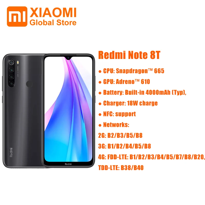 Смартфон Xiaomi Redmi Note 8T с глобальной версией, 4 ГБ, 64 ГБ, 6,3, NFC Snapdragon 665, камера 48 МП, 18 Вт, быстрая зарядка, 4000 мАч, мобильный телефон