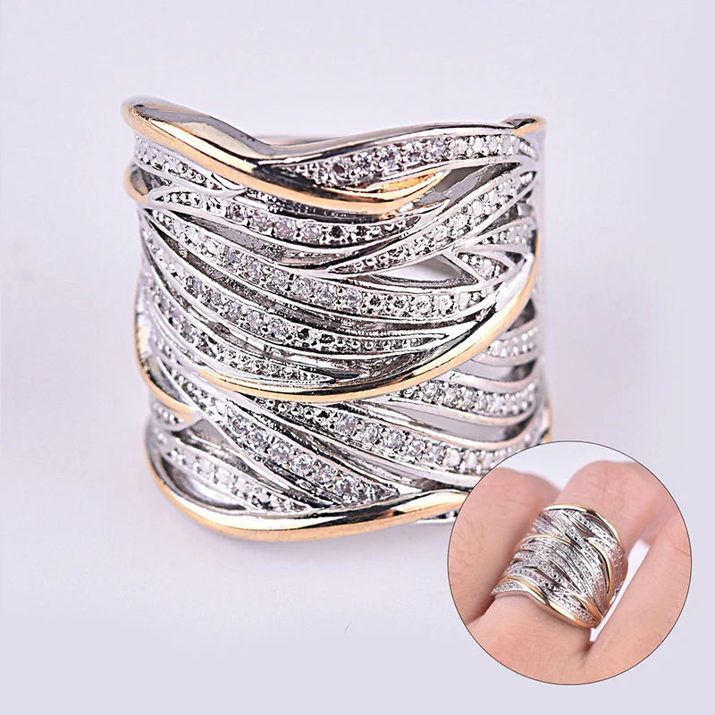 Female Engagement Ring Gold Silver Color Multi Layer Winding Jewelry Gift Crystal Hollow
