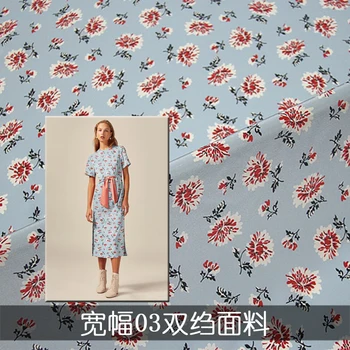 

real silk printing crepe DE chine Satin fabrics blue flowers fabric for skirt dress 0.5meter