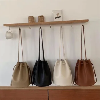 

Casual Drawstring Bucket Bag for Women Multipurpose Soild Color Shoulder Bags Ladies Fashion Pu Leather Messenger Bags Chic