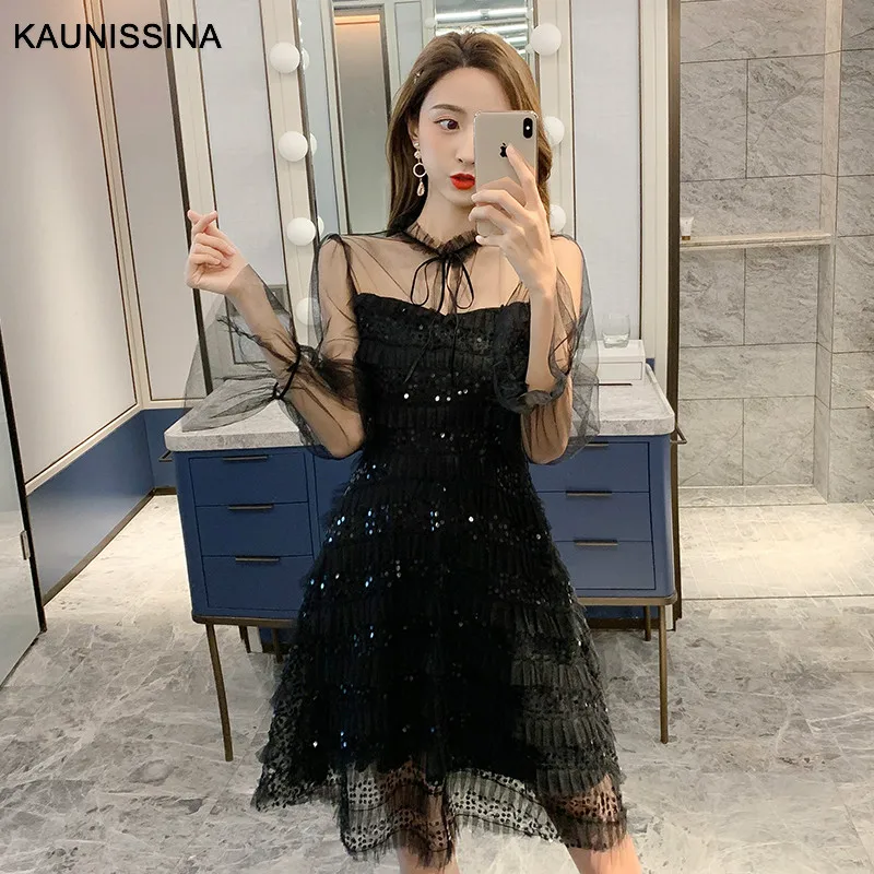 KAUNISSINA, шикарное коктейльное платье, короткие, с блестками, вечерние, выпускное платье, прозрачное, с длинным рукавом, для выпускного вечера, коктейльное платье, Vestidos