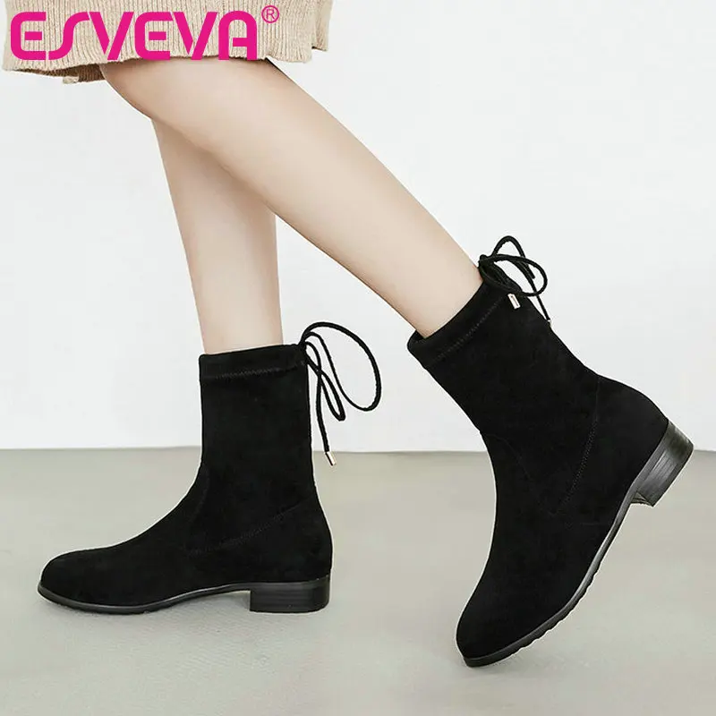 

ESVEVA 2020 Flock Fashion Western Style Women Shoes Winter Ankle Boots Round Toe Lace Up Square Low Heel Boot Size 34-43