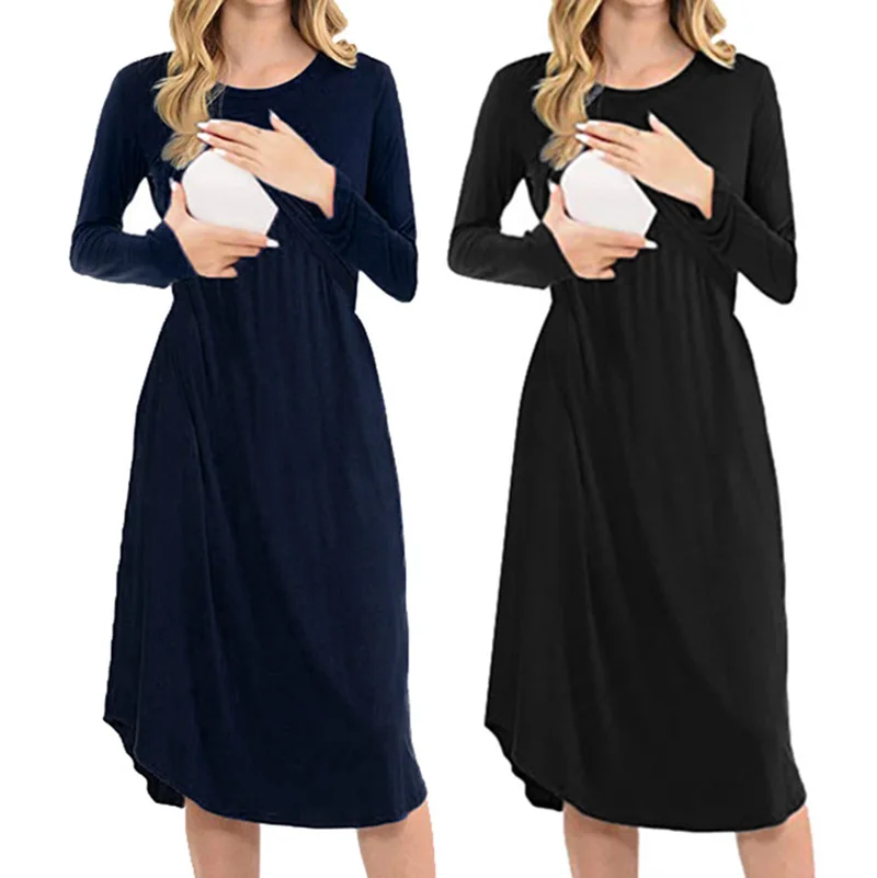 Autumn Winter New Pure Lactation Maternal Dress Longsleeved Ocollar