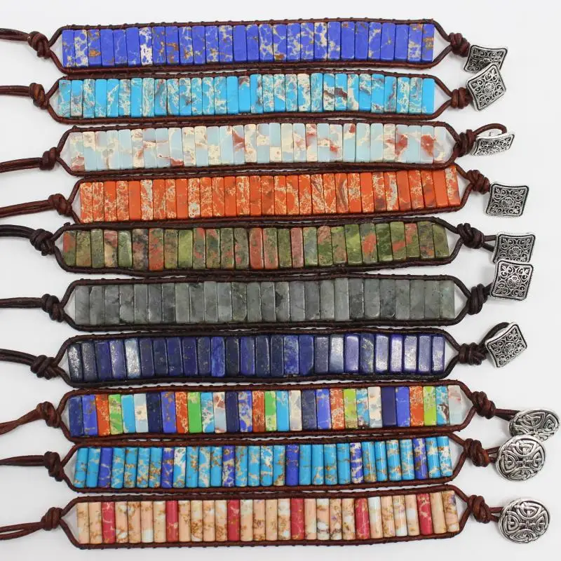 Chakra Bracelet Jewelry for Men Handmade MultiColor Natural Stone Tube Beads Leather Wrap Couples Bracelets Gifts