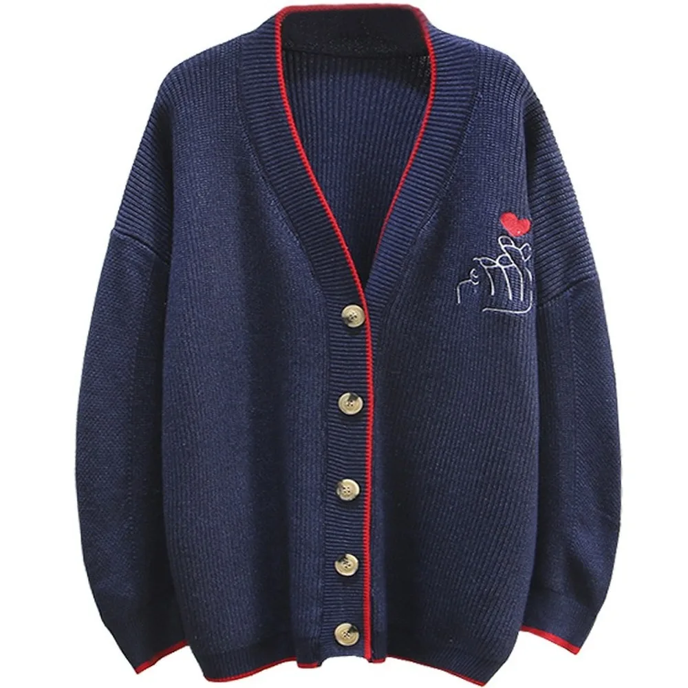 

2019 Autumn New Slim Fashion Loose Finger Red Heart Embroidery Contrast Color Cardigan Plus Size Women Sweater