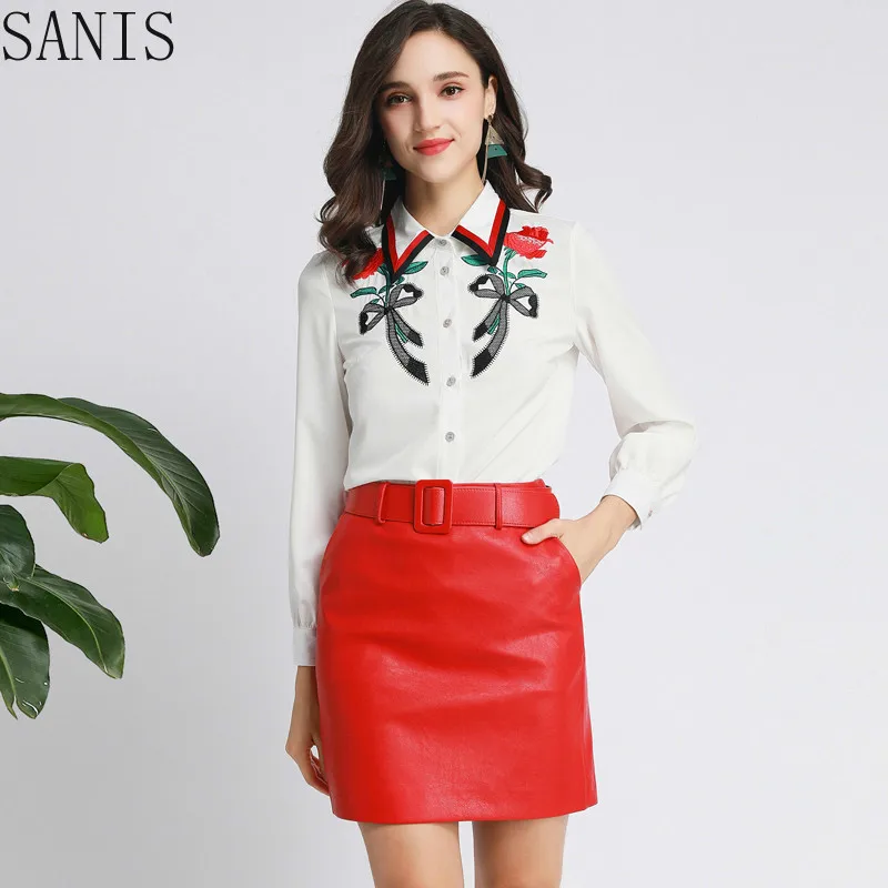 

SANIS Fashion Designer Suit Spring Autumn Women Long sleeve Embroidery Shirt Tops+PU Short skirt Elegant Two-piece set