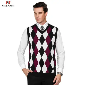 

PAUL JONES Men's Knitwear Classic V-Neck Argyle Sweater Vest Slim Fit Sleeveless Knitted Gilet Contrast Color Jumper Vest PJ0165