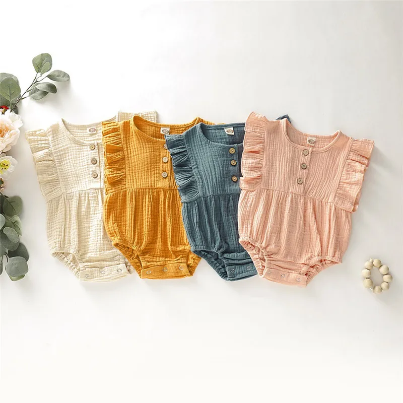 Cute Newborn Kid Baby Girl Clothes Sleeveless Romper Solid Soft Dress Cotton Linen Outfit Baby Outfit Summer Clothing Set