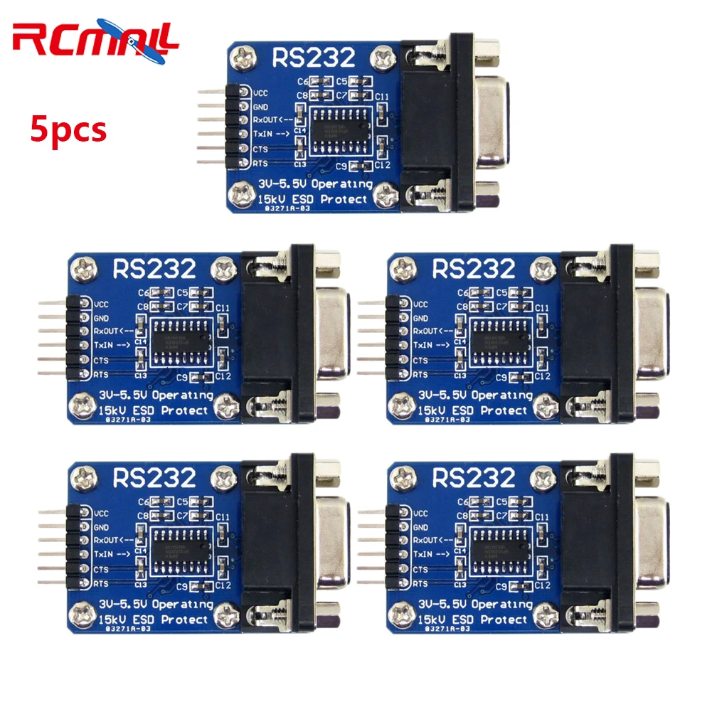 RCmall 5Pcs RS232 to Serial Port Module Contains RS-232 Transceiver and DB9 Connector 3V - 5.5V RS232 Board 5pcs max3232 rs232 to ttl serial port converter module db9 connector max232 for stc stm32 nxp