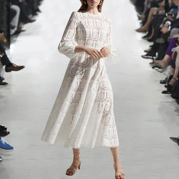 

HAMALIEL New Spring 2020 Runway Designer Lace Holiday Maxi Dress Women Lantern Sleeve Hook Floral White Hollow Out Long Dresses