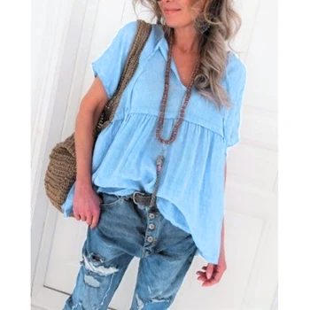 

Deep V Neck Loose Casual Solid Color Top Short Sleeve High Waist Lacing Tee Summer Women T Shirt