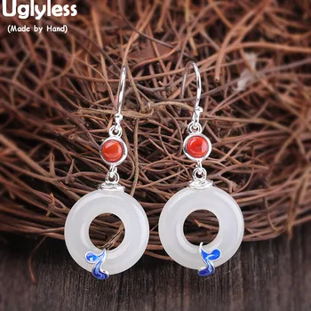 

Uglyless Classic Peace Buckle Drop Earrings for Women Jade Circle Earrings Ethnic Enamel Brincos Agate 925 Silver Jewelry E1497