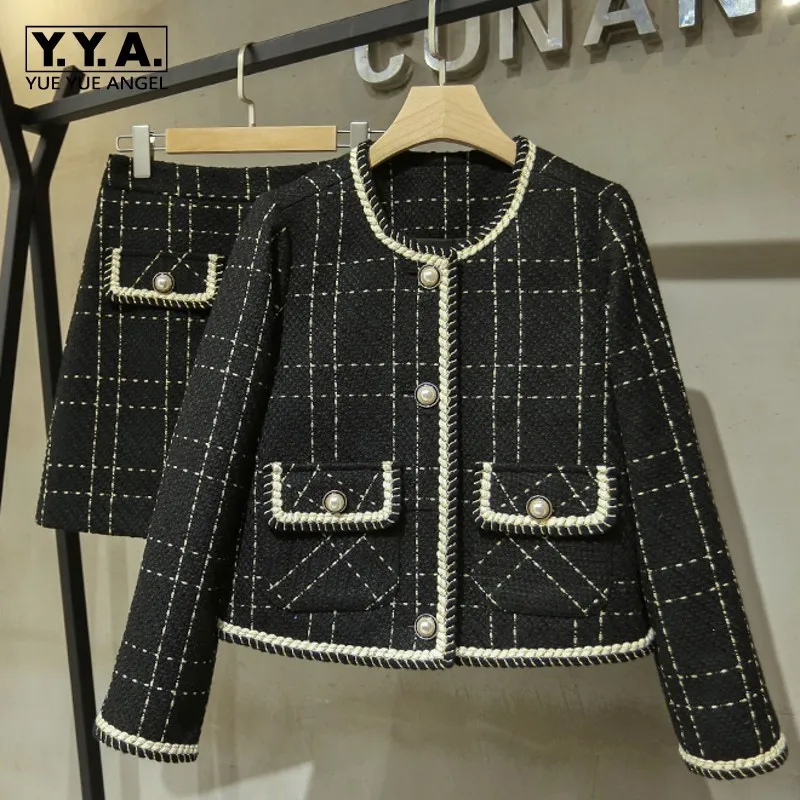 

Fashion Ladies Coats Skirts Plaid 2Pcs Outfits Long Sleeve Single Breasted O-Neck Pockets Short Jackets High Waist A-Line Skirts