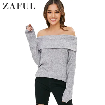 

ZAFUL Autumn Spring off shoulder elastic winter sweater women gray lapel pullover sexy white jumpers Autumn basic knitwear top