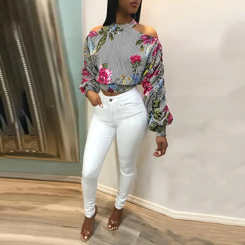 Women Flower Striped Print Long Sleeve Shirt Cold Shoulder Long Sleeve Tops Femme T-shirt Causal Autumn Blusa