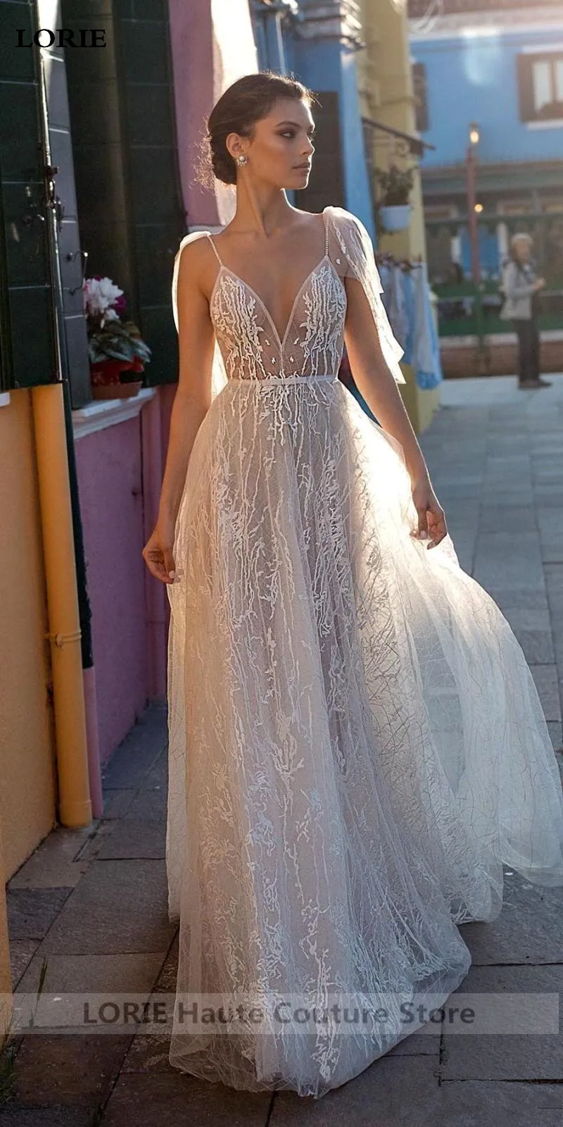 Лори Кружева свадебное платье Vestidos de novia Спагетти ремни Кружева сексуальное свадебное платье элегантный спинки богемные свадебные платья
