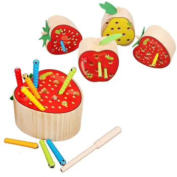 

2019 new Baby Wooden Toy Puzzle Early Childhood Educational Toys Catch Worm Game Color Cognitive Magnetic Strawberry Apple toys
