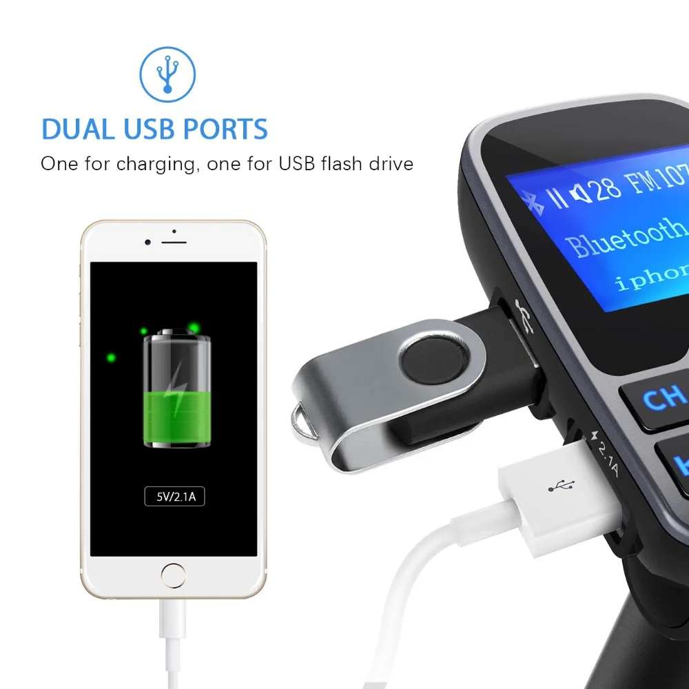 VicTsing FM Transmitter MP3 Player Car Bluetooth Handsfree Car Kit MP3 Car Radio Audio Adapter with Dual USB 2.1A USB Charger    (1)