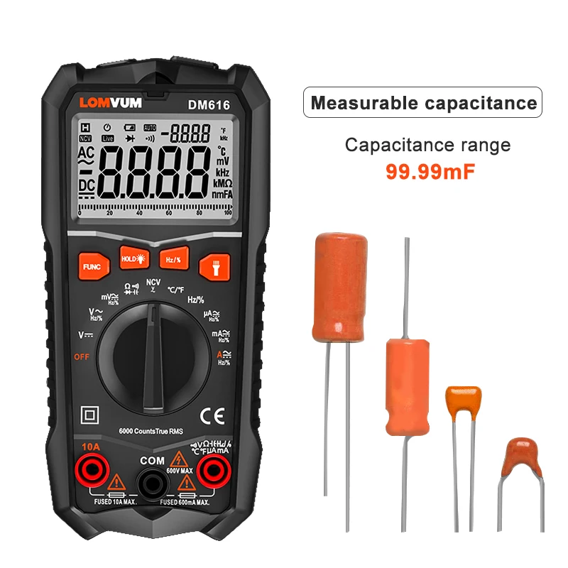 LOMVUM Multimeter DM616 NCV Digital Multimeter 6000 counts Auto Ranging AC/DC voltage Meter Flash light Back Large Screen Tester