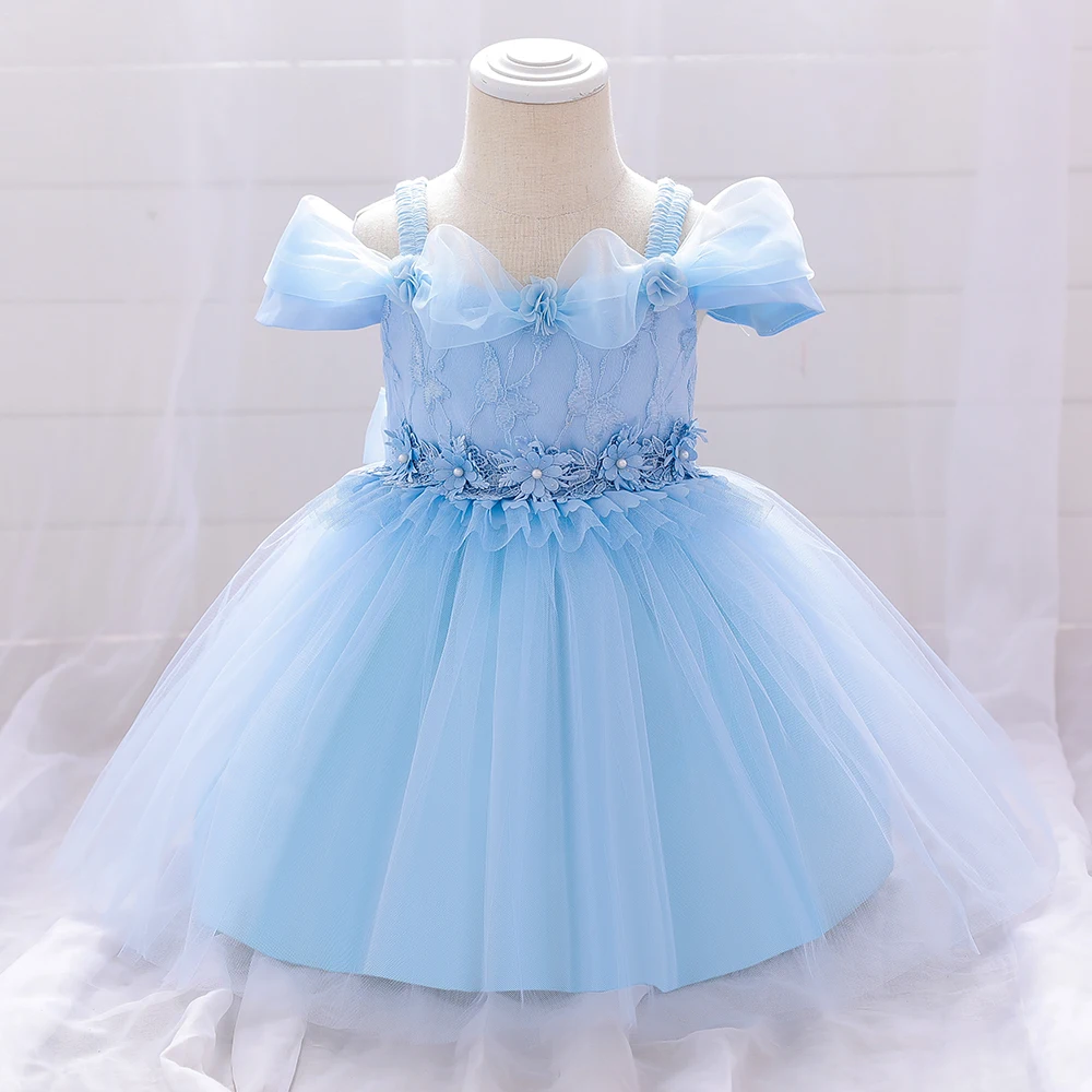 New Infant Baby Girl Dress Petals Tulle Baptism Dresses Girls 1 Year Birthday Beading Party Wedding Baby Clothing