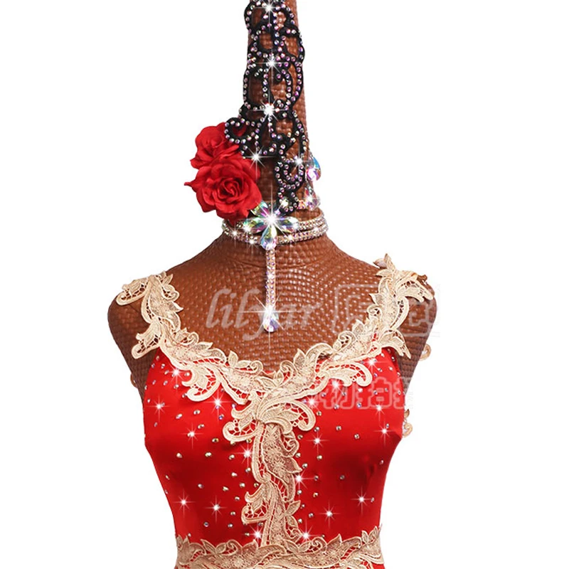 Latin Dance Dress Competition Clothing Performance Dress Prom Party Dress Adult Child Red Embroidered Fishbone Skirt Customized