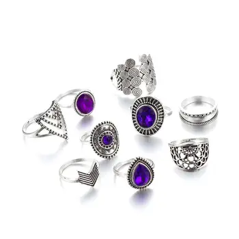 

9PCS Vintage Silver Purple Crystals Ring Band Kit Midi Knuckle Finger Ring Set
