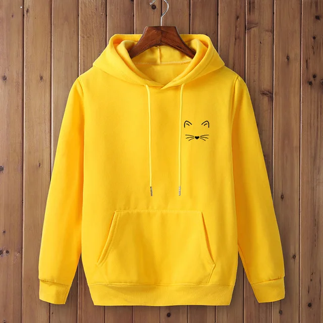 Yellow-B Милые осенние и зимние толстовки для женщин/мужчин с изображением милого кошачьего лица и карманом, забавные повседневные толстовки с капюшоном, одежда с длинным рукавом Kawaii - Цвет: Yellow-B