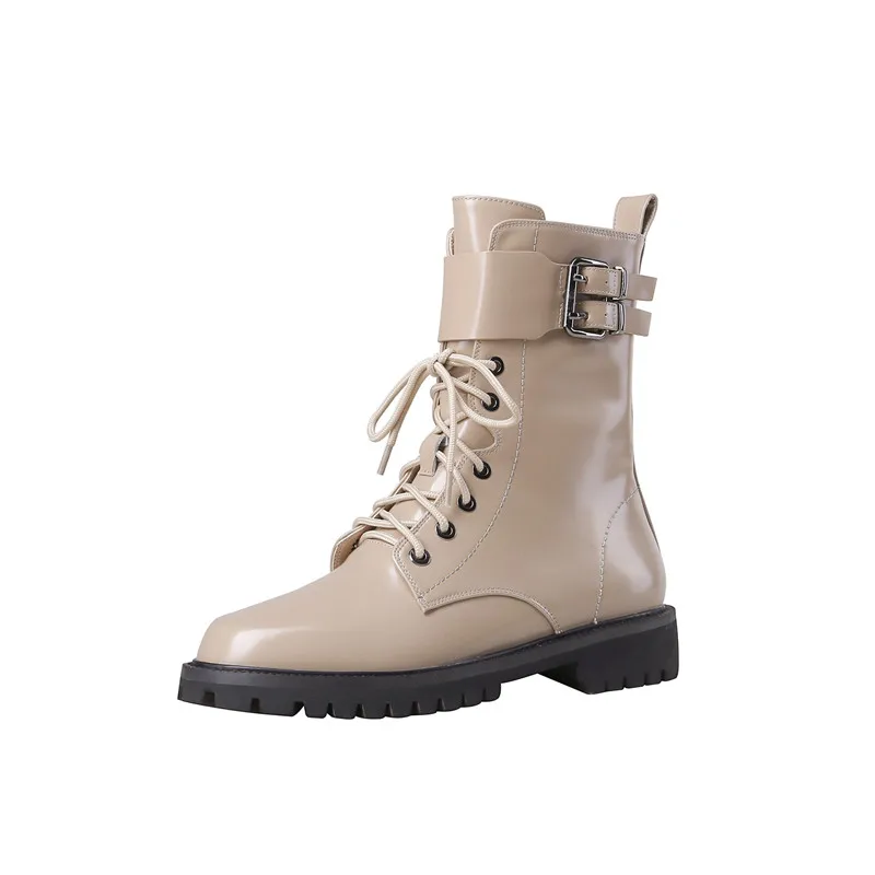 khaki with fur ASUMER/обувь из натуральной кожи; коллекция года; женские ботильоны; повседневная обувь на низком каблуке со шнуровкой и пряжкой; удобные женские полусапожки - Цвет: khaki with fur