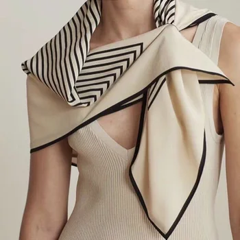 

Women Fashion Casual Sunscreen Geometric Stripe Pattern Large Square Scarf Black And White Wave Point Wrap