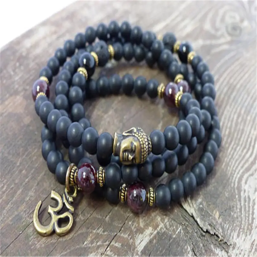 

6mm Obsidian Garnet Gemstone 108 Buddha Beads Mala Bracelet Fancy MONK Buddhism yoga cuff Gemstone Healing Handmade