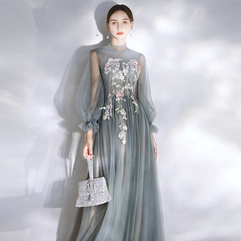 SSYFashion Новое романтическое цветочное сказочное вечернее платье с длинными рукавами, кружевной аппликацией, бисером, серое, синее длинное платье для выпускного вечера, торжественные платья под заказ
