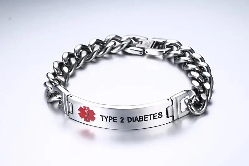 Mens Medical Alert ID Bracelets Stainless Steel Link Chain Wrist TYPE 2 DIABETES 15