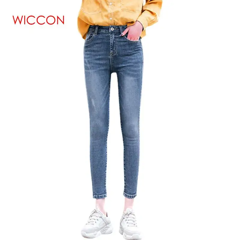 Retro Female Jeans Female Solid Straight Pant Ankle-Length Jeans Casual Button Fly Pencil High Waist Light Jean Spring Wear