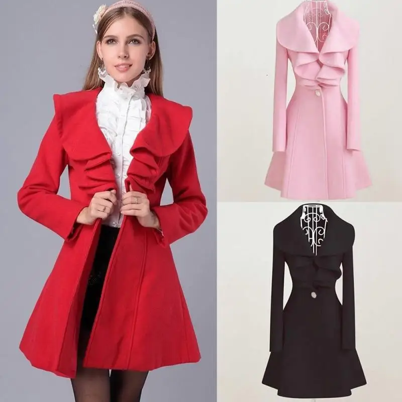 Зимнее шерстяное пальто с оборками и воротником для женщин, тонкое пальто средней длины размера плюс, женское элегантное пальто на одной пуговице, верхняя одежда