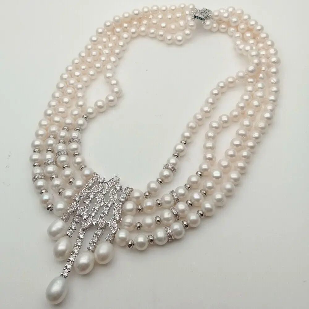 22/" 3 Strands Gray Rice Pearl Necklace Sea Shell Pearl CZ Pendant