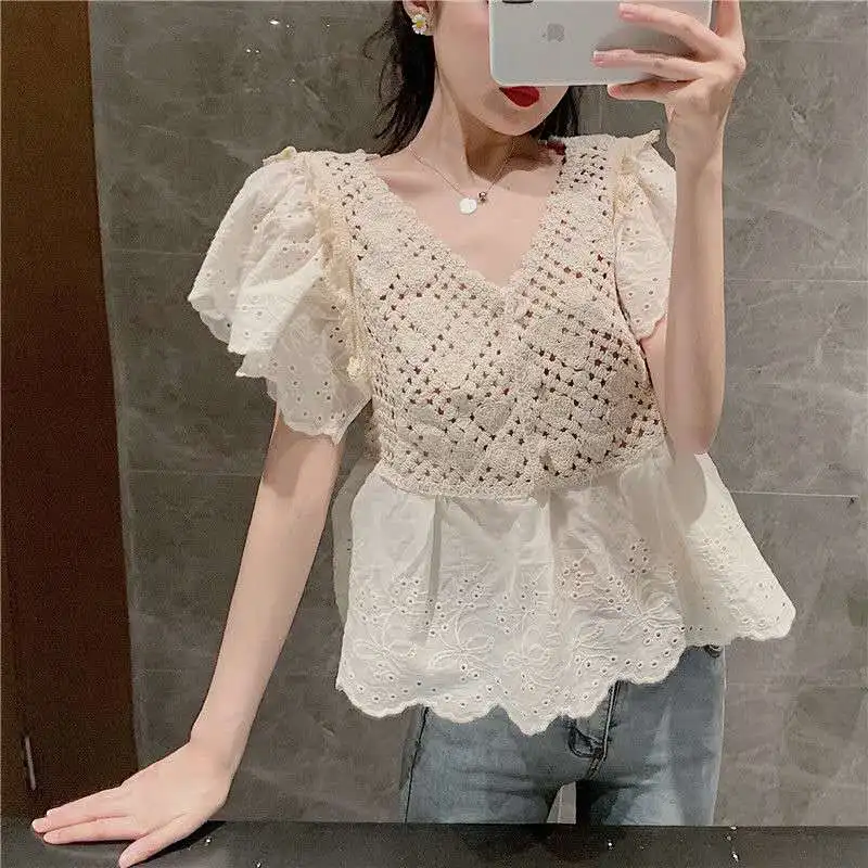 

Solid Crochet Short Sleeve Shirts V-neck Butterfly Sleeve Women Tops Ruffles Lady Casual Clothes Apricot White Free Shipping