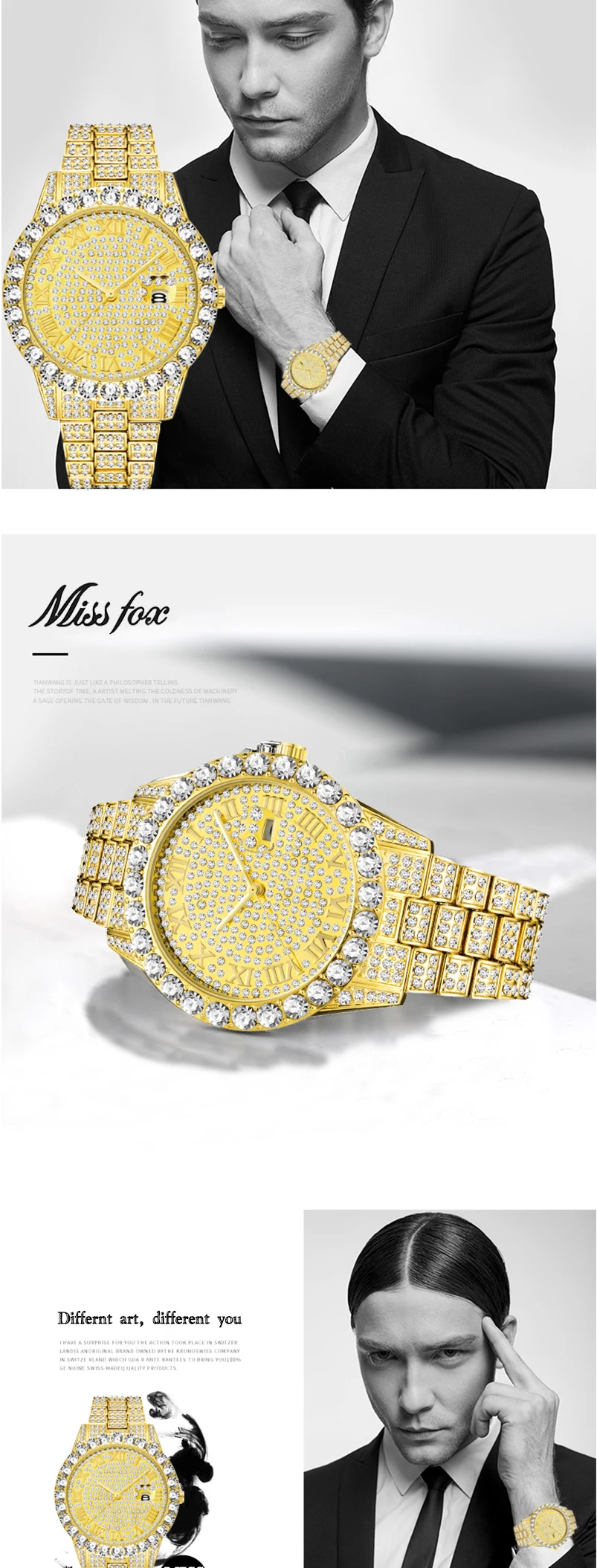 MISSFOX мужские часы топ продаж роскошные брендовые золотые мужские модные часы мужские часы браслет с большим бриллиантом Relogio masculino