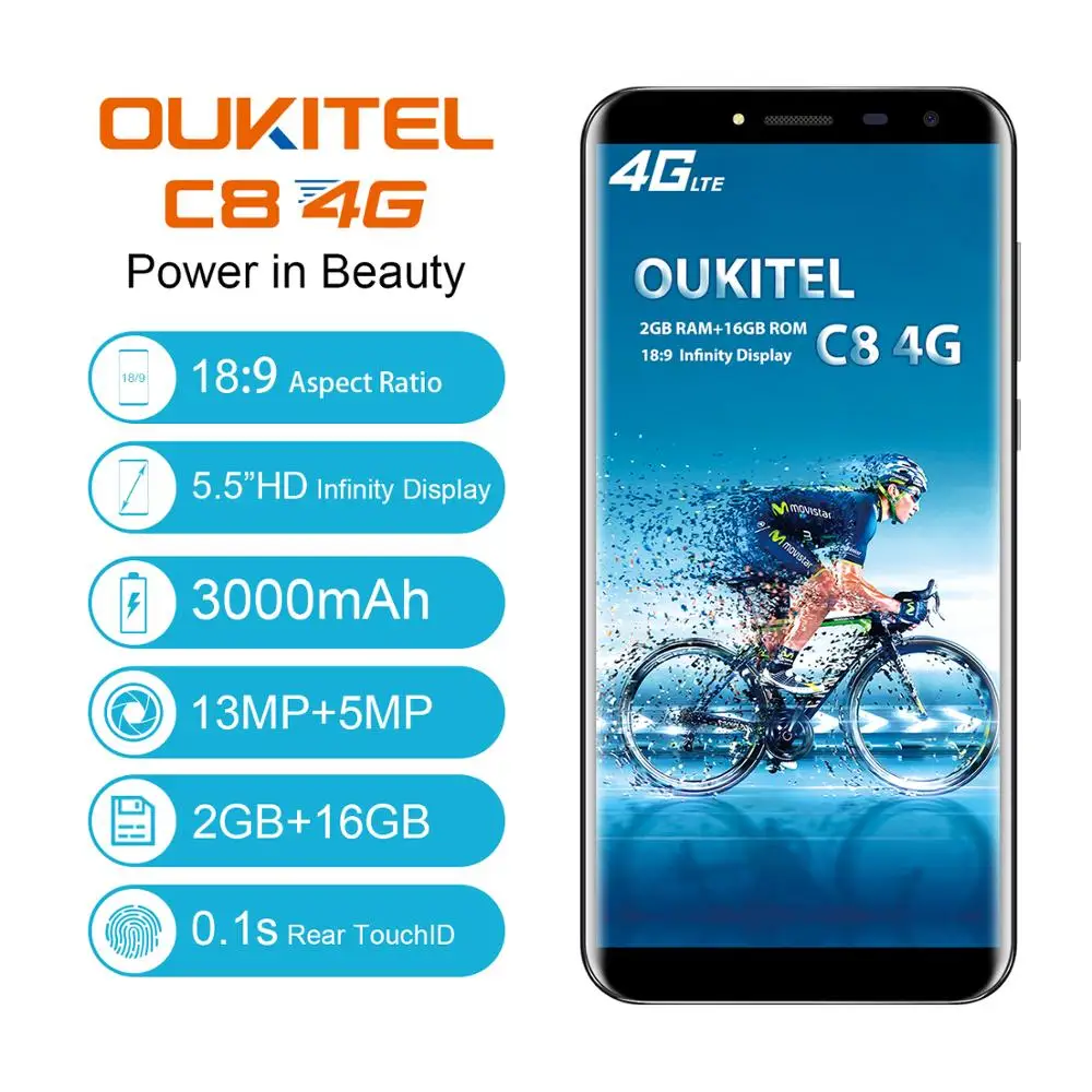 

Oukitel C8 4G Smartphone 5.5 inch 18:9 Ratio 3000 Mah 2G Ram 16G Rom Cellphone 13MP 5MP Fingerprint Unlock Mobile Phone