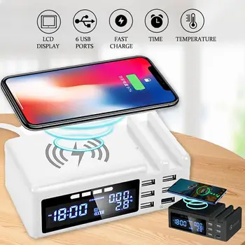

45W EU QC3.0 Qi Wireless Charger 6USB Smart LCD Clock 5 Ports 2.1A Adapter Temperature Display Desktop Clock For iPhone Adapter