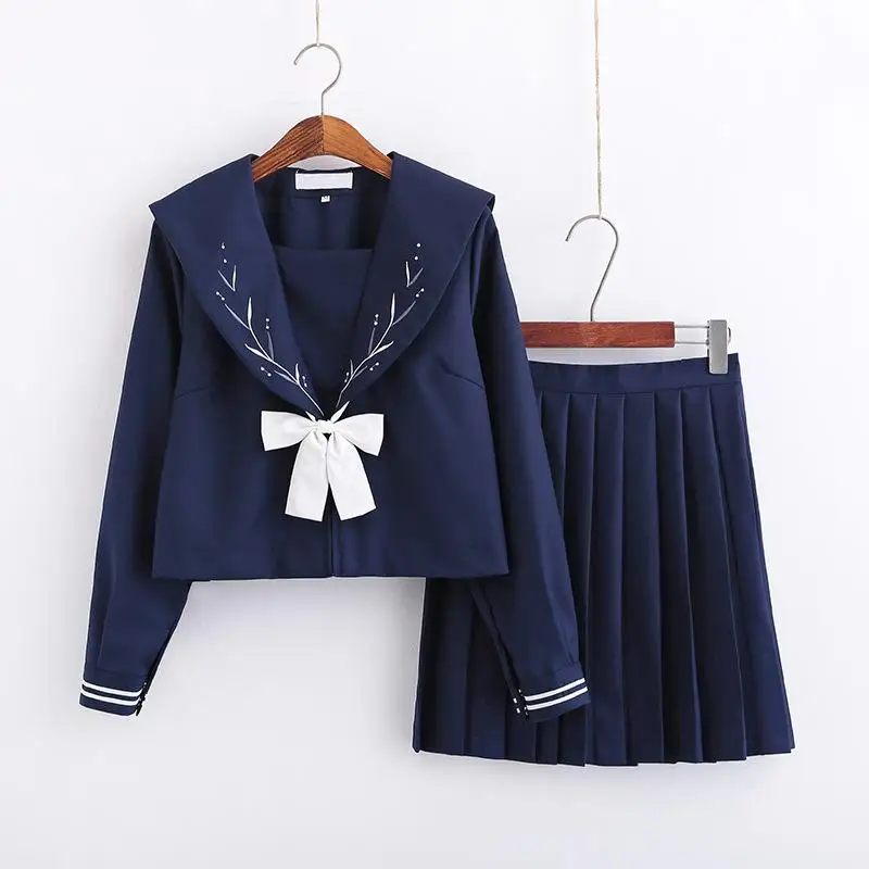 Школьная форма для девочек в японском стиле, элегантный костюм моряка JK с вышивкой, комплект из 2 предметов, женская рубашка и юбка, аниме, Студенческие костюмы для косплея - Цвет: Style B