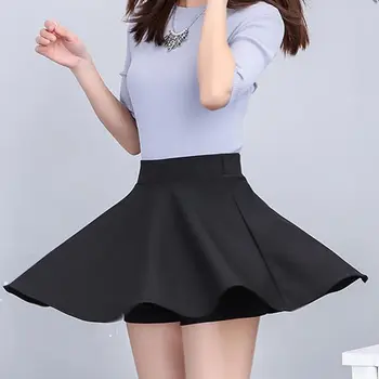 

Women Girl Basic Versatile Stretch Flared Casual Mini Skater Skirt with Shorts High Waist Solid Color Pleated M-3XL
