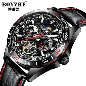 

BOYZHE 2020 Army Men Automatic Mechanical Military Leather Strap Watches Tourbillon Moon Phase Watches mens relogio masculino