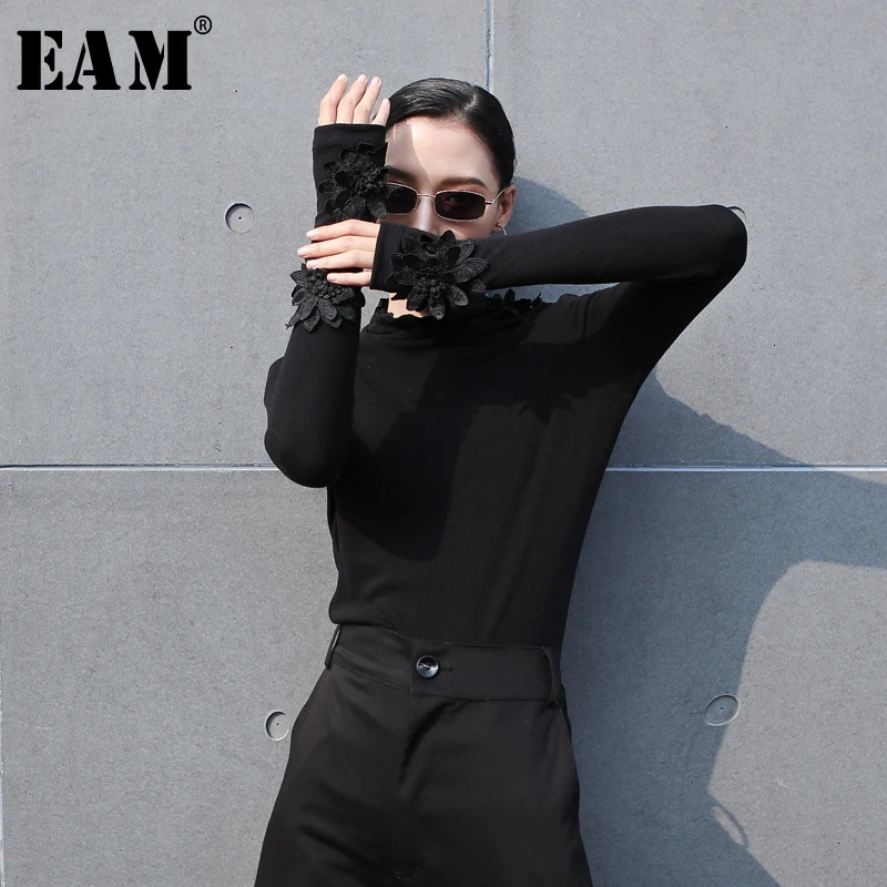 [EAM] Women Black Three-dimensional Flower Spit Joint T-shirt New Turtleneck Long Sleeve  Fashion Tide  Spring Autumn 2022 1M692